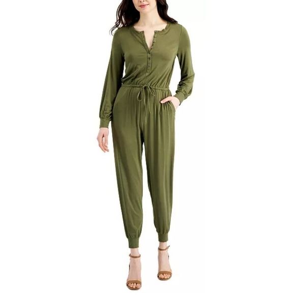Style & Co Solid Cinched Tie Waist Jumpsuit Lg - Picture 1 of 11